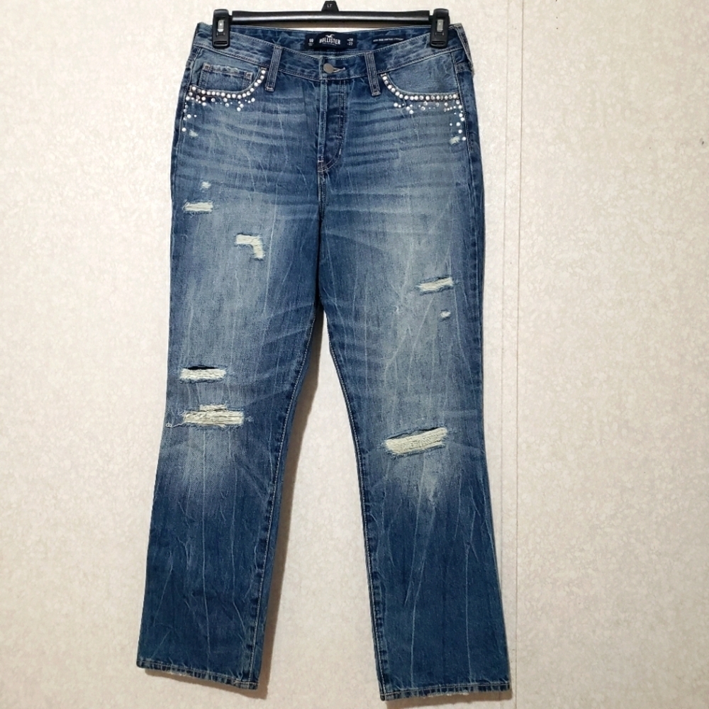 HOLLISTER....Women's high rise vintage straight Blue Distressed Jeans..size:9R